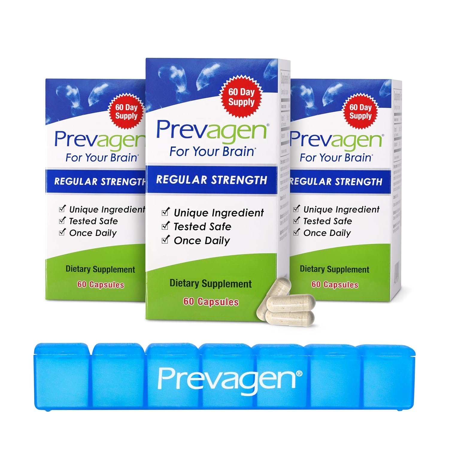 Prevagen Regular Strength - 180 Capsules (6 Month Supply) | Formulated for Your Brain | 10mg of Apoaequorin Plus Vitamin D3 with 7-Day Pill Minder Prevagen Regular Strength - 180 Capsules (6 Month Supply) | Formulated for Your Brain | 10mg of Apoaequorin Plus Vitamin D3 with 7-Day Pill Minder